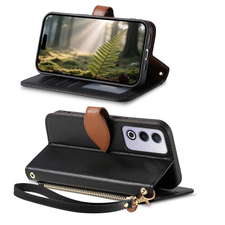 For OPPO A3 Pro 5G Leaf Buckle Zipper Wallet Leather Phone Case with Strap