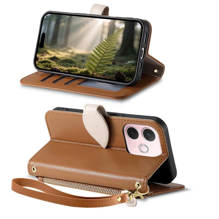 For OPPO A5 Pro 5G Leaf Buckle Zipper Wallet Leather Phone Case with Strap