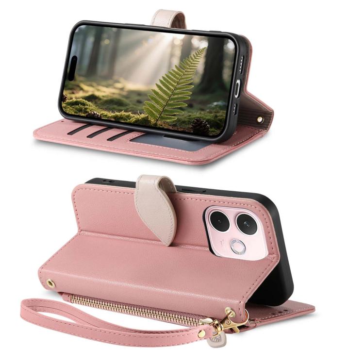 For OPPO A5 Pro 5G Leaf Buckle Zipper Wallet Leather Phone Case with Strap