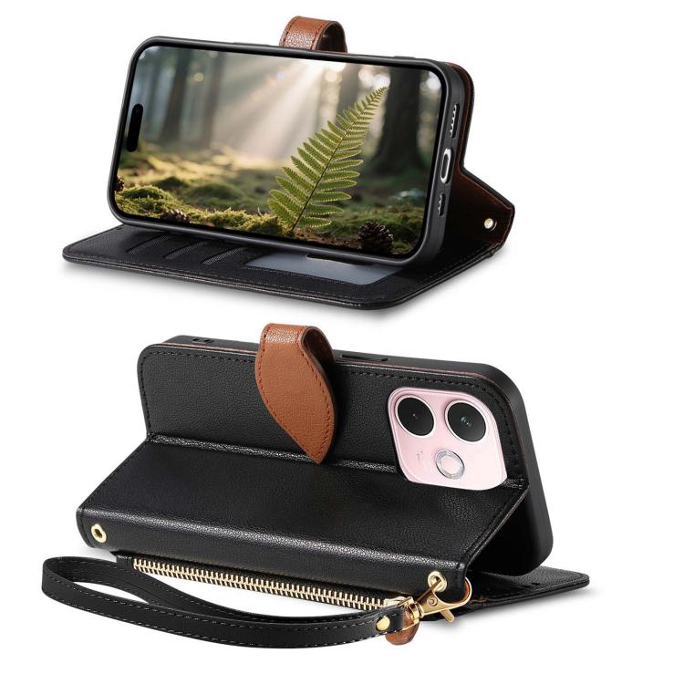 For OPPO A5 Pro 5G Leaf Buckle Zipper Wallet Leather Phone Case with Strap
