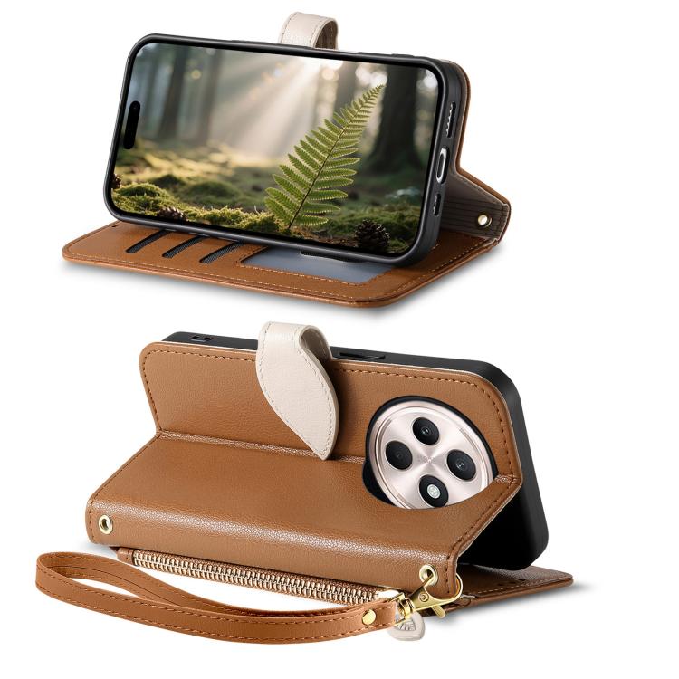 For OPPO Reno12 F Leaf Buckle Zipper Wallet Leather Phone Case with Strap