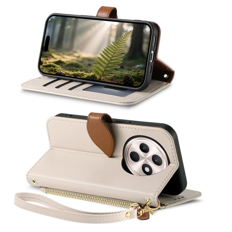 For OPPO Reno12 F Leaf Buckle Zipper Wallet Leather Phone Case with Strap