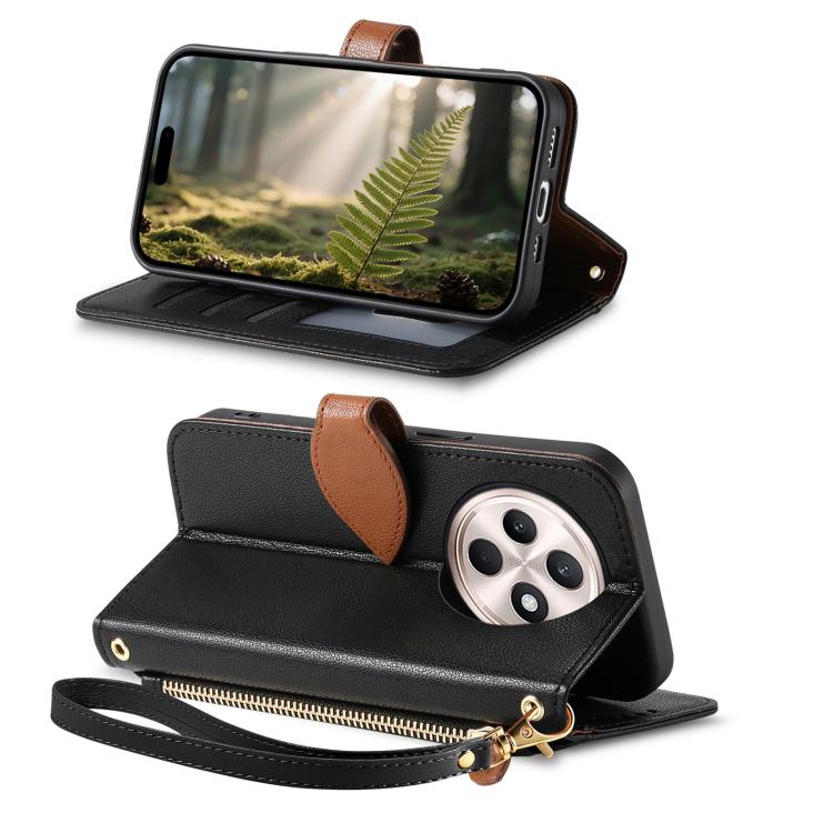 For OPPO Reno12 F Leaf Buckle Zipper Wallet Leather Phone Case with Strap