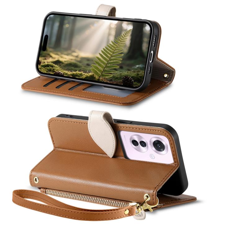 For OPPO Reno11 F Leaf Buckle Zipper Wallet Leather Phone Case with Strap