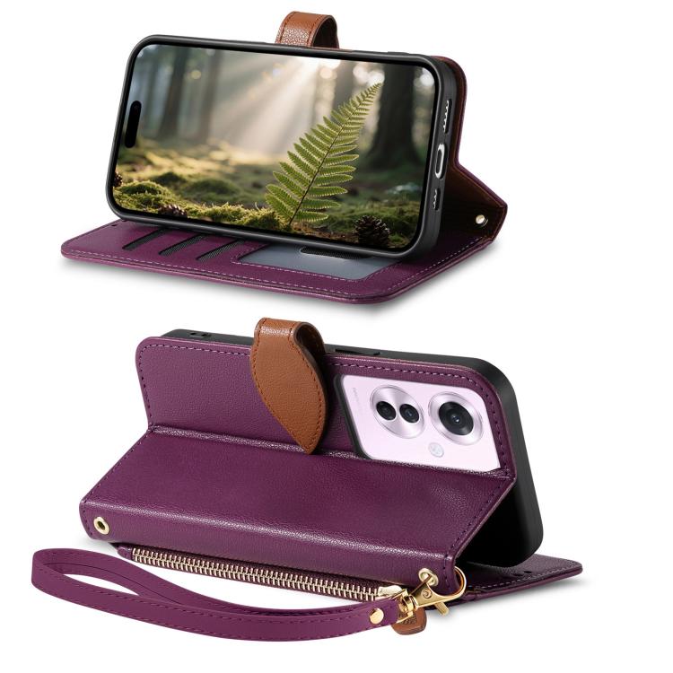 For OPPO Reno11 F Leaf Buckle Zipper Wallet Leather Phone Case with Strap