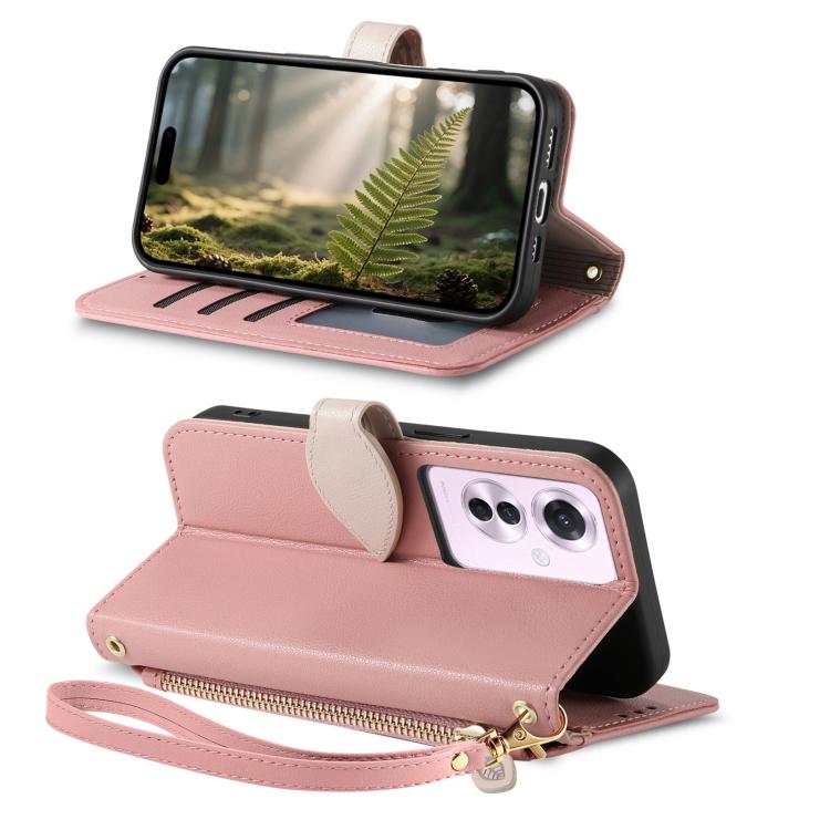For OPPO Reno11 F Leaf Buckle Zipper Wallet Leather Phone Case with Strap