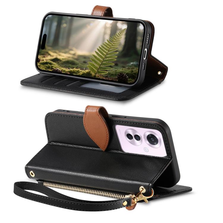 For OPPO Reno11 F Leaf Buckle Zipper Wallet Leather Phone Case with Strap