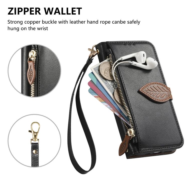 For OPPO Reno11 F Leaf Buckle Zipper Wallet Leather Phone Case with Strap