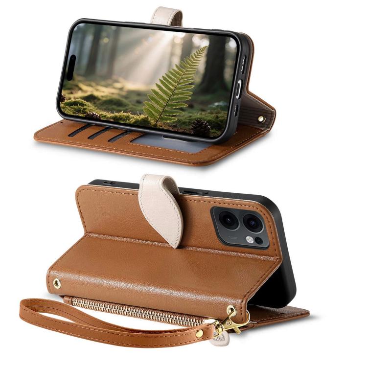 For OPPO Reno13 F Leaf Buckle Zipper Wallet Leather Phone Case with Strap