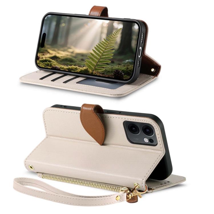 For OPPO Reno13 F Leaf Buckle Zipper Wallet Leather Phone Case with Strap