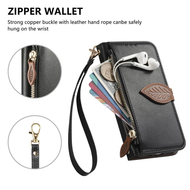 For OPPO Reno13 F Leaf Buckle Zipper Wallet Leather Phone Case with Strap