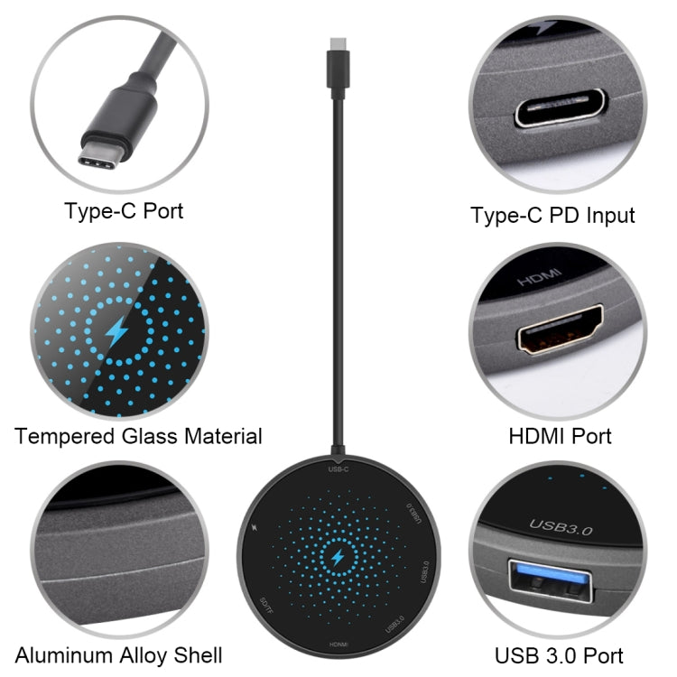 Type-C Multi-function (HDMI + 3 Ports USB3.0 + SD + TF + PD interfaces) Docking Station with Wireless Charging Function(Black)