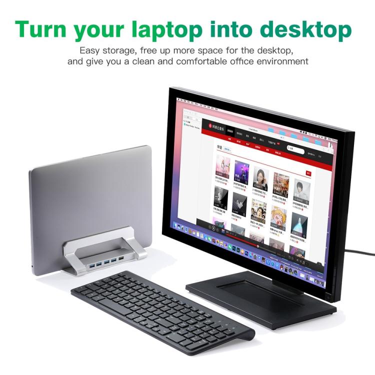 D051-3 Aluminum Alloy Desktop Organizer Vertical Laptop Stand with 4 USB Ports Hub