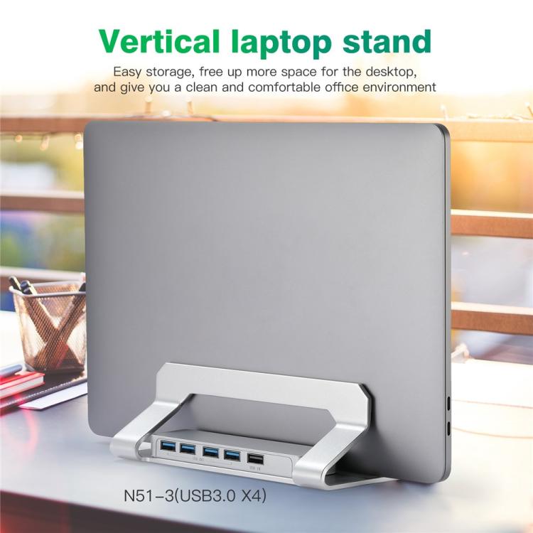D051-3 Aluminum Alloy Desktop Organizer Vertical Laptop Stand with 4 USB Ports Hub