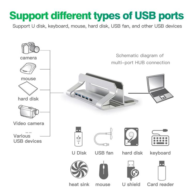 D051-3 Aluminum Alloy Desktop Organizer Vertical Laptop Stand with 4 USB Ports Hub