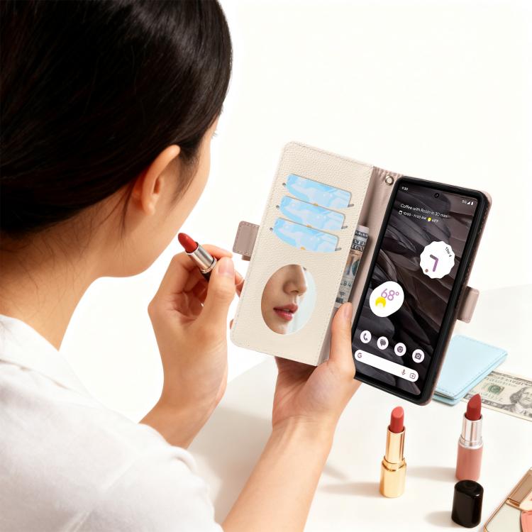 For Google Pixel 7a Litchi Texture Wallet Mirror Leather Phone Case