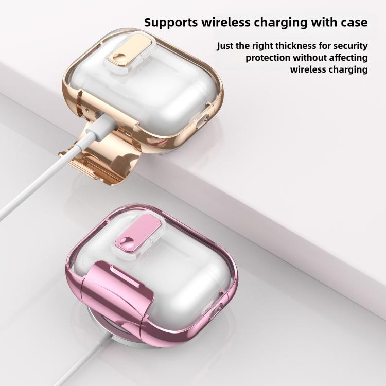 For AirPods Pro 3 Glass-Coated Transparent Electroplated Lock Invisible Holder Earphone Cover with Metal Ring Buckle