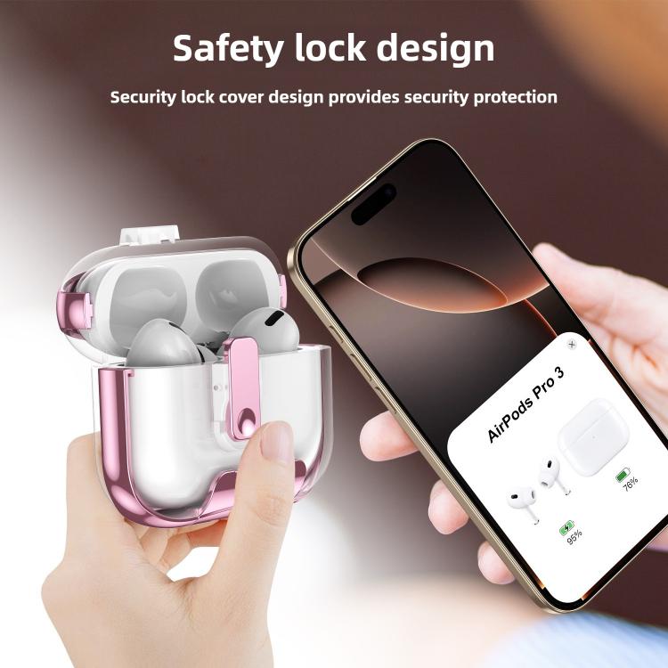 For AirPods Pro 3 Glass-Coated Transparent Electroplated Lock Invisible Holder Earphone Cover with Metal Ring Buckle