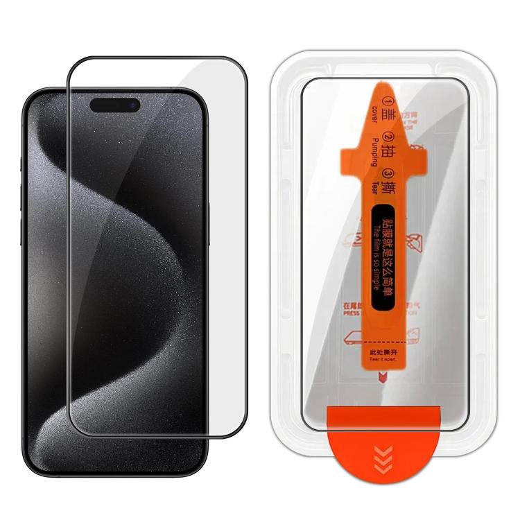 For iPhone 15 Pro Max Easy Install Box Dust-Free Clear Screen-printed HD Tempered Glass Film