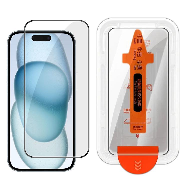 For iPhone 15 Plus Easy Install Box Dust-Free Clear Screen-printed HD Tempered Glass Film