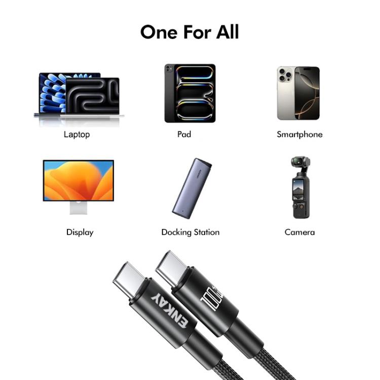 ENKAY PD100W USB-C / Type-C to Type-C Nylon Braided Fast Charging Cable with E-Marker Chip, Length:2m