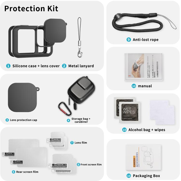 For GoPro HERO13 Black Silicone Case with Lens Cap + 2 Sets Tempered Glass Film + Battery Side Cover + Storage Bag Set