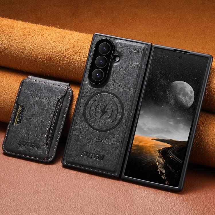 For Samsung Galaxy Z Fold7 5G Suteni M3 Card Bag MagSafe Cowhide Texture Leather Phone Case