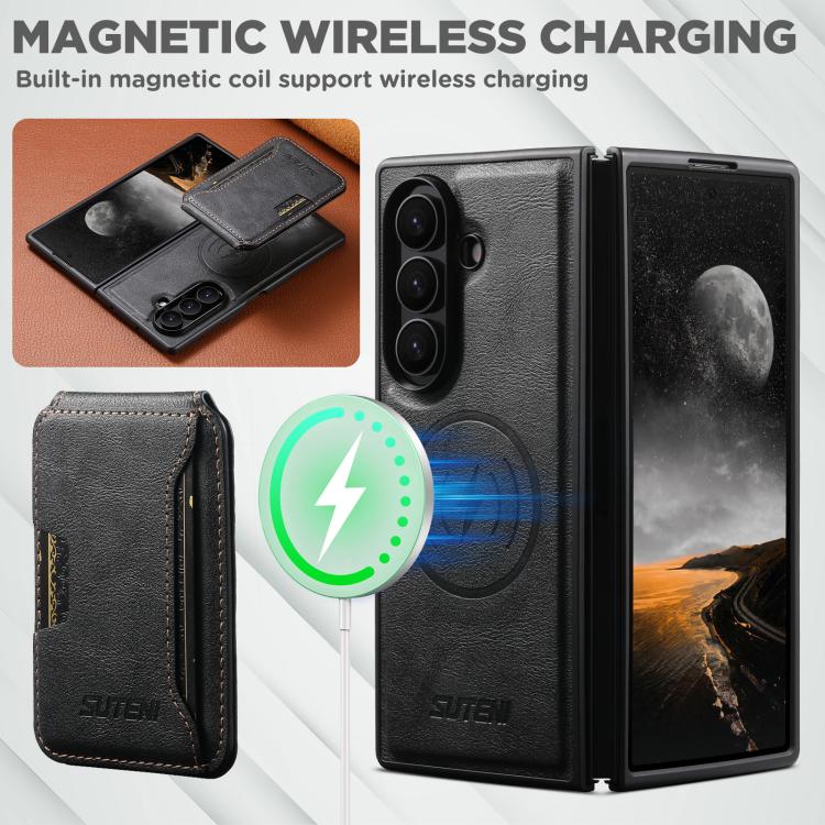 For Samsung Galaxy Z Fold7 5G Suteni M3 Card Bag MagSafe Cowhide Texture Leather Phone Case