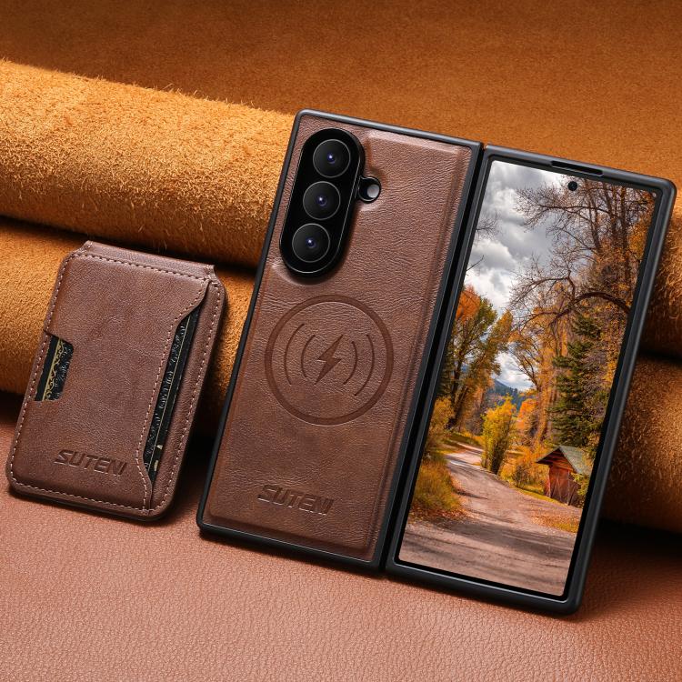 For Samsung Galaxy Z Fold7 5G Suteni M3 Card Bag MagSafe Cowhide Texture Leather Phone Case