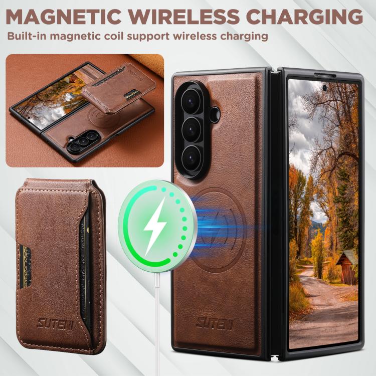 For Samsung Galaxy Z Fold7 5G Suteni M3 Card Bag MagSafe Cowhide Texture Leather Phone Case
