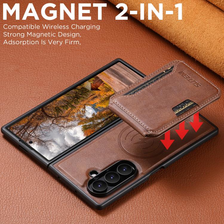 For Samsung Galaxy Z Fold7 5G Suteni M3 Card Bag MagSafe Cowhide Texture Leather Phone Case