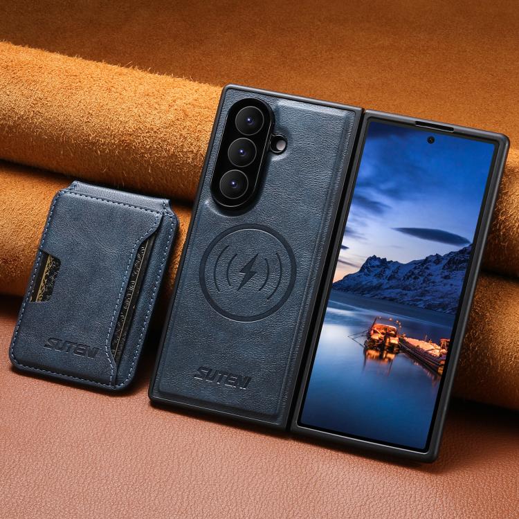 For Samsung Galaxy Z Fold7 5G Suteni M3 Card Bag MagSafe Cowhide Texture Leather Phone Case