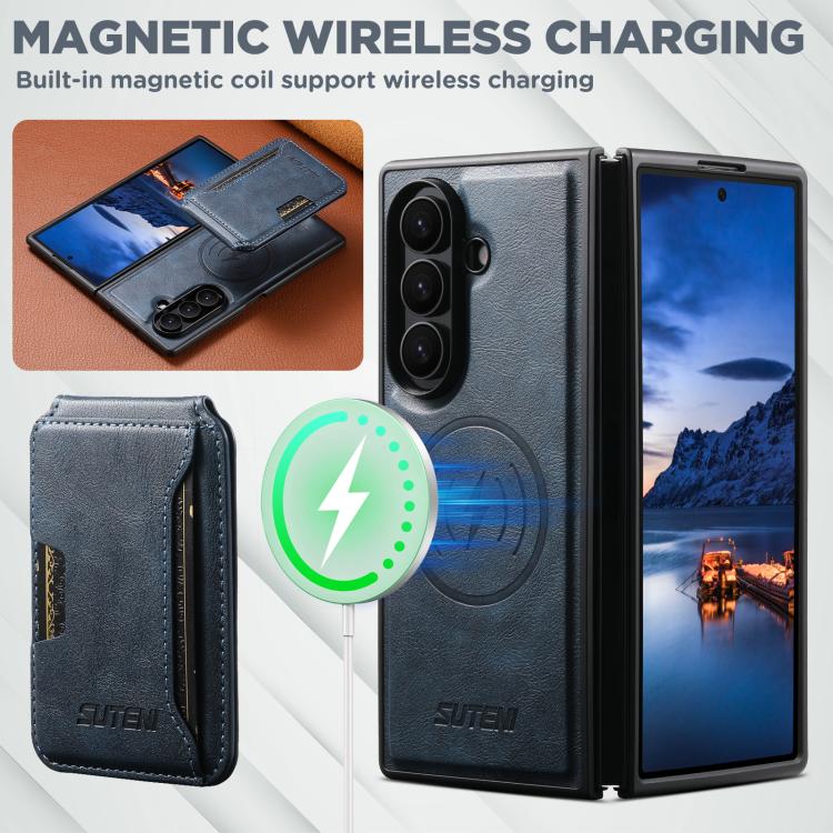 For Samsung Galaxy Z Fold7 5G Suteni M3 Card Bag MagSafe Cowhide Texture Leather Phone Case