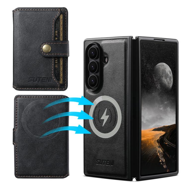 For Samsung Galaxy Z Fold6 Suteni M4 Magnetic Card Bag MagSafe Leather Phone Case