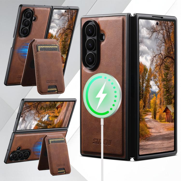 For Samsung Galaxy Z Fold7 5G Suteni M5 Magnetic Card Bag MagSafe Cowhide Texture Leather Phone Case