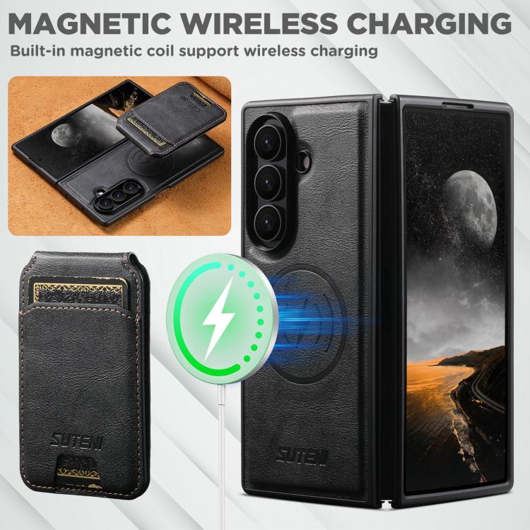 For Samsung Galaxy Z Fold6 Suteni M5 Magnetic Card Bag MagSafe Cowhide Texture Leather Phone Case