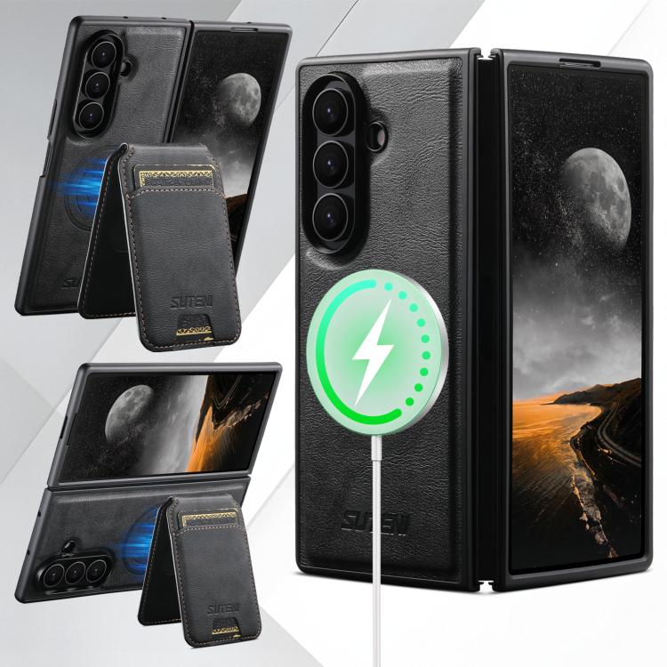 For Samsung Galaxy Z Fold6 Suteni M5 Magnetic Card Bag MagSafe Cowhide Texture Leather Phone Case