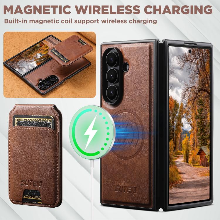 For Samsung Galaxy Z Fold6 Suteni M5 Magnetic Card Bag MagSafe Cowhide Texture Leather Phone Case