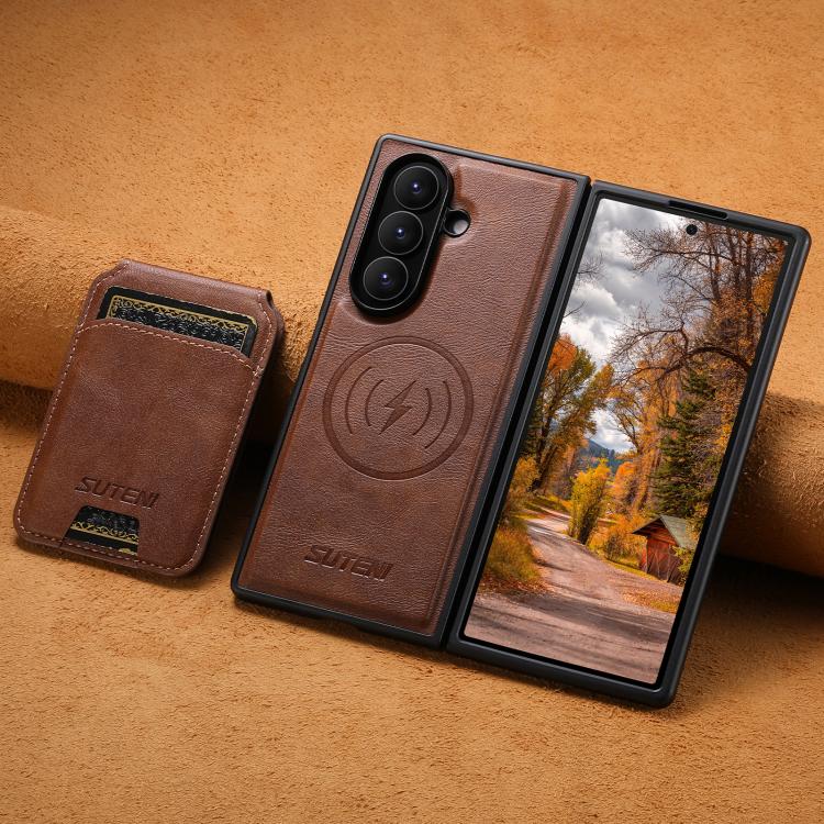 For Samsung Galaxy Z Fold6 Suteni M5 Magnetic Card Bag MagSafe Cowhide Texture Leather Phone Case