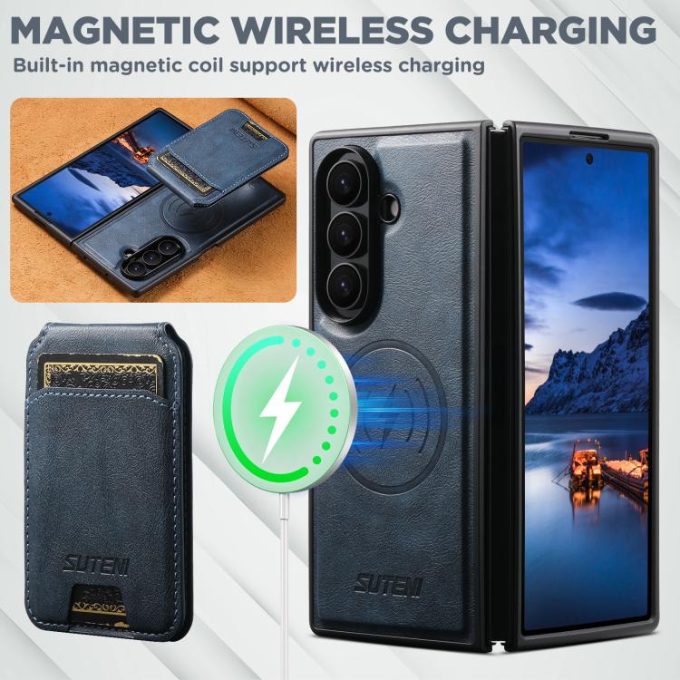 For Samsung Galaxy Z Fold6 Suteni M5 Magnetic Card Bag MagSafe Cowhide Texture Leather Phone Case