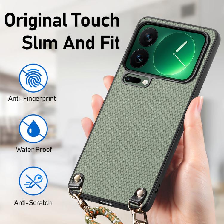For Xiaomi 17 Pro Carbon Fiber Texture Leather Back Cover Phone Case with Crossbody Strap