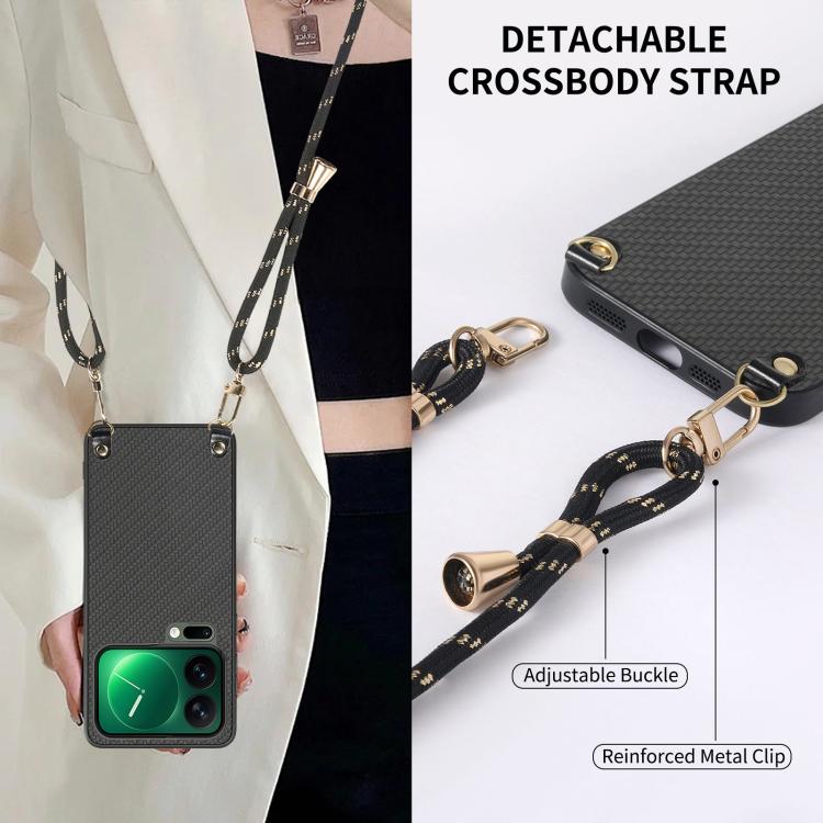 For Xiaomi 17 Pro Carbon Fiber Texture Leather Back Cover Phone Case with Crossbody Strap