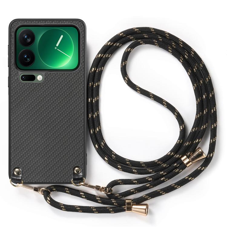 For Xiaomi 17 Pro Max Carbon Fiber Texture Leather Back Cover Phone Case with Crossbody Strap