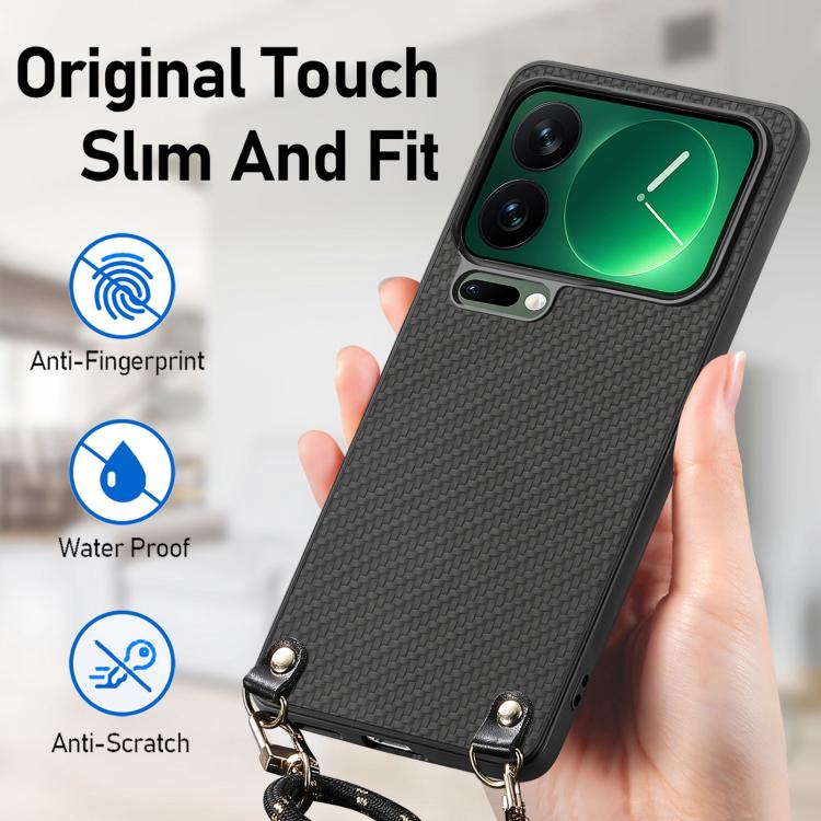 For Xiaomi 17 Pro Max Carbon Fiber Texture Leather Back Cover Phone Case with Crossbody Strap