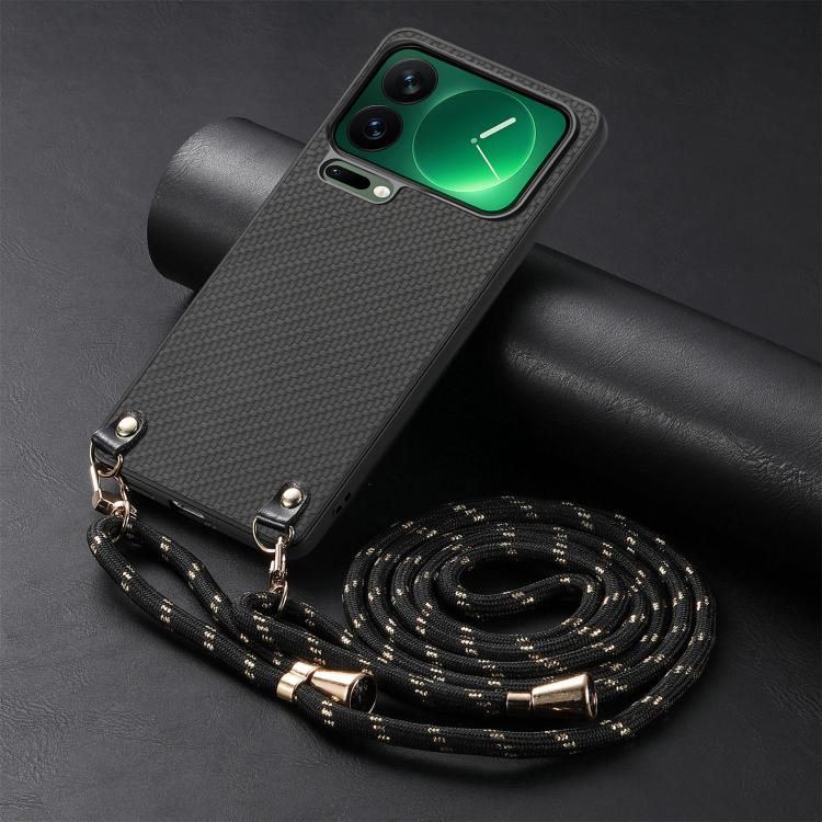 For Xiaomi 17 Pro Max Carbon Fiber Texture Leather Back Cover Phone Case with Crossbody Strap