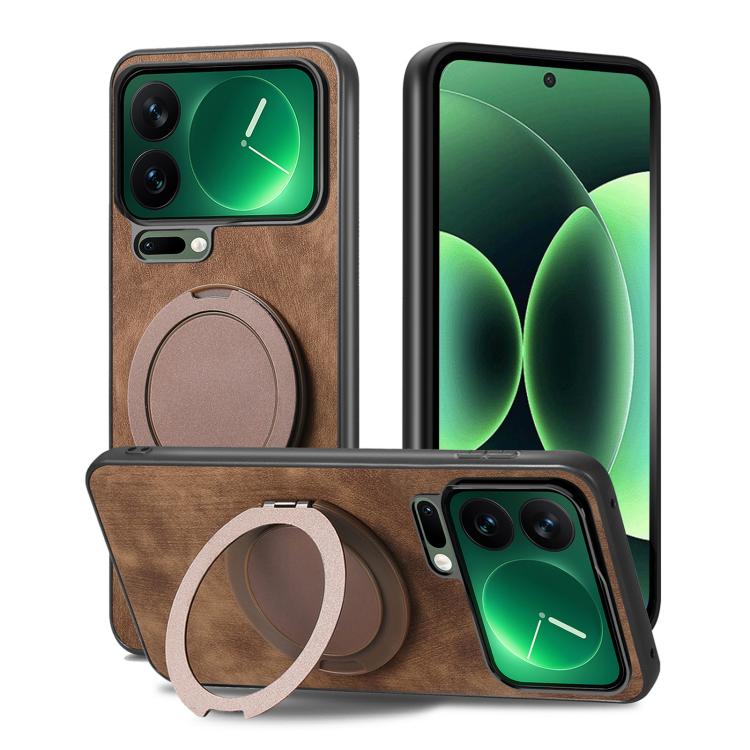 For Xiaomi 17 Pro Retro Leather Rotation Round Holder Phone Case
