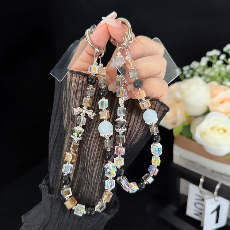 Sparkly Bow Black Crystal Holographic Cube Phone Chain