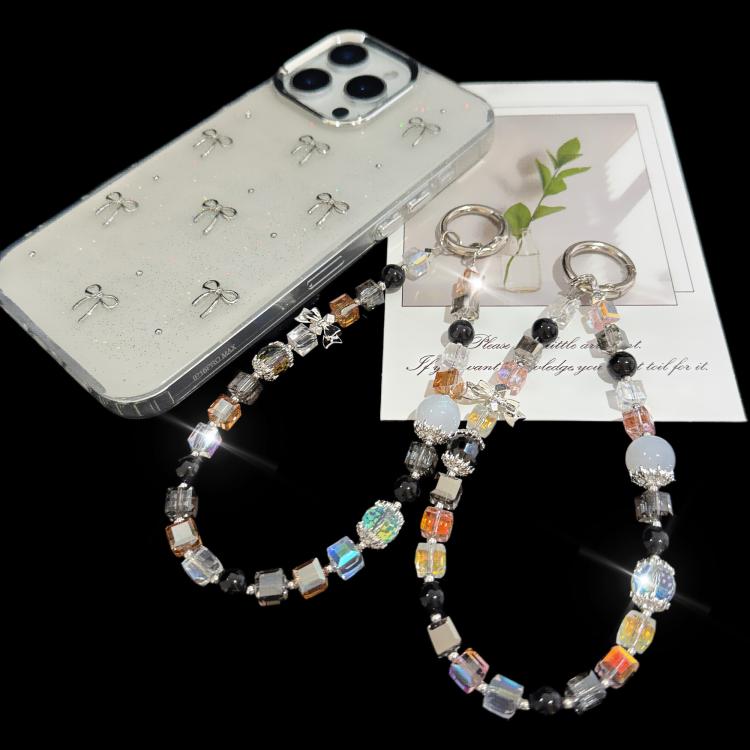 Sparkly Bow Black Crystal Holographic Cube Phone Chain