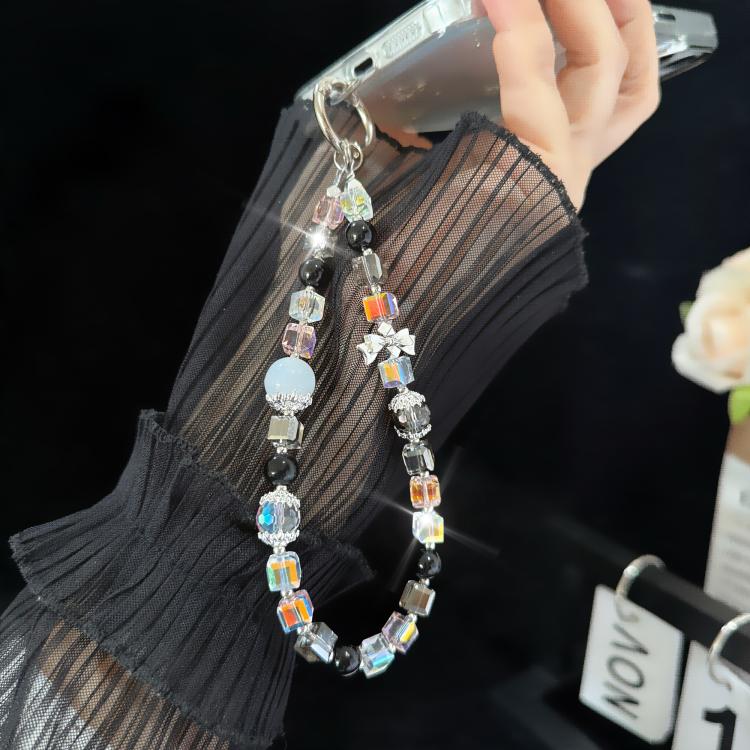 Sparkly Bow Black Crystal Holographic Cube Phone Chain