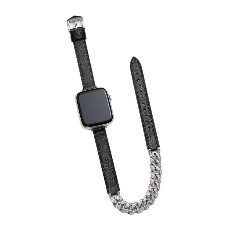 For Apple Watch 46mm / 49mm / 45mm / 44mm Diamond Encrusted Bracelet Genuine Leather Watch Band